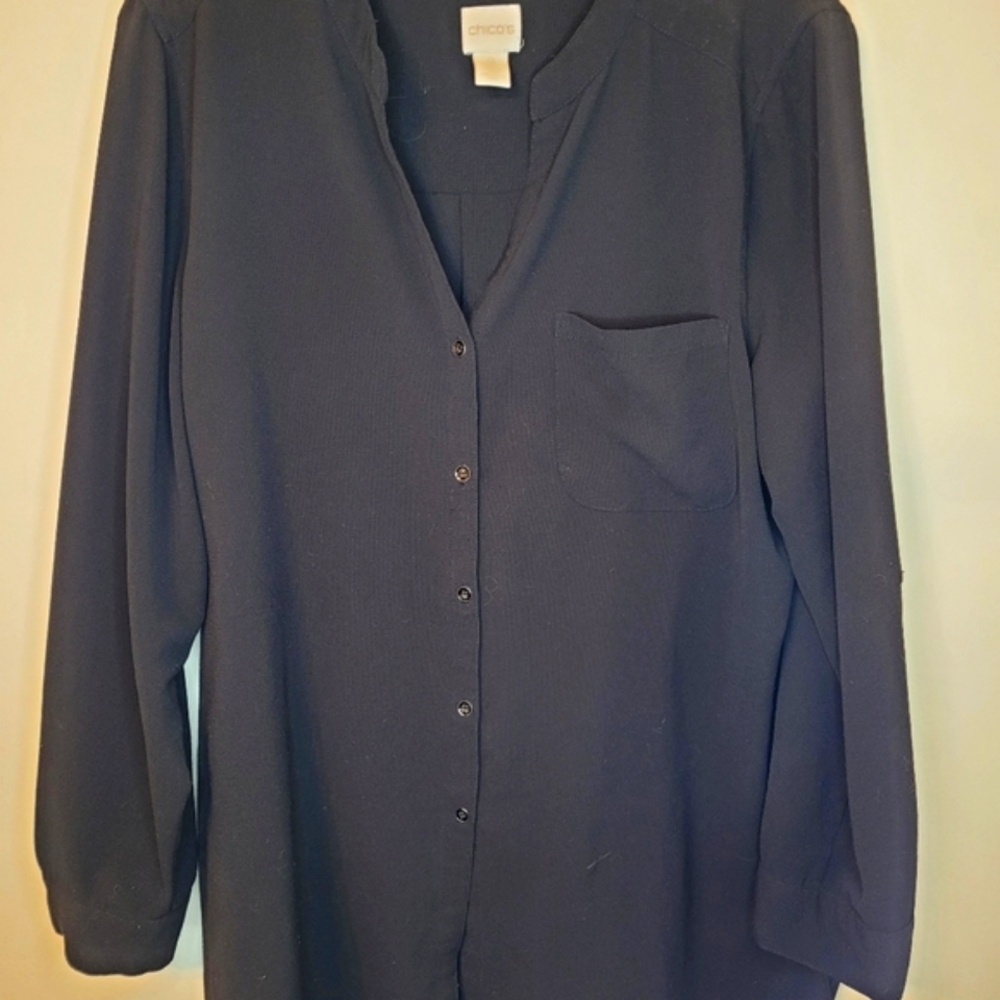 Chico's Shirt Top  long black button down, V Neck, long sleeves. Size Large